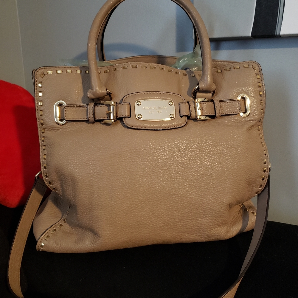Michael Kors taupe leather gold studded Hamilton